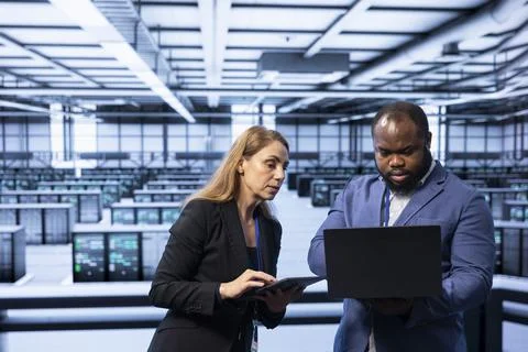 Team of programmers in data center checking rigs and hardware, doing checkup Fotos Stock