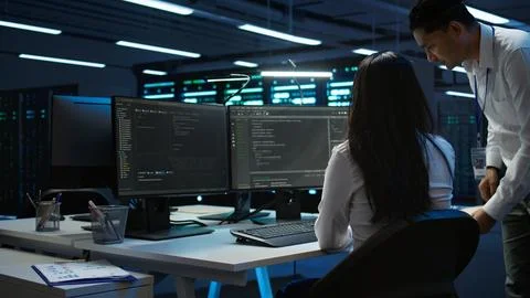 Team of programmers in data center responsible for repairs Stock Photos