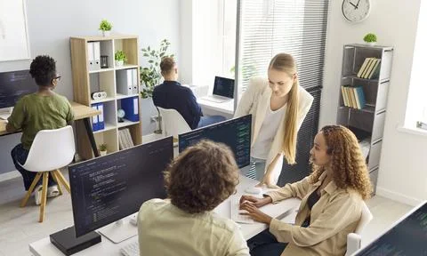 Team of programmers discussing software project at desks in bright tech office Stock-Fotos