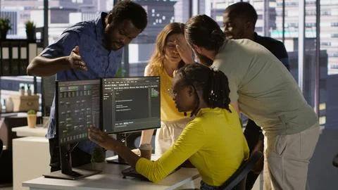 Team of programmers fighting in office while checking code, having disagreement, Stock Photos