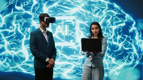 Team of programmers interacting with AI visualization using VR Stock Footage 278698171