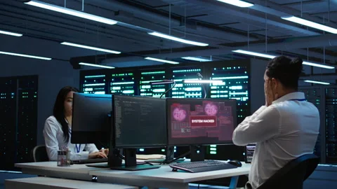 Team of programmers in server hub trying to protect hardware from hacker 스톡 동영상 280803152