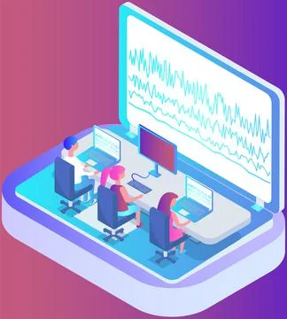 Team of programmers is working on creating joint program project, working people Stock Illustration