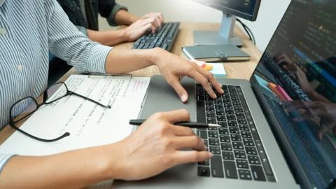 Team of programmers working together development Website design and coding te 스톡 사진