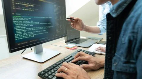 Team of programmers working together development Website design and coding... 스톡 사진