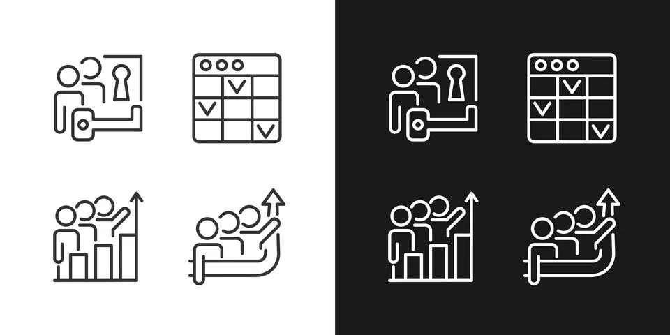 Team project pixel perfect linear icons set for dark, light mode Stock Illustration
