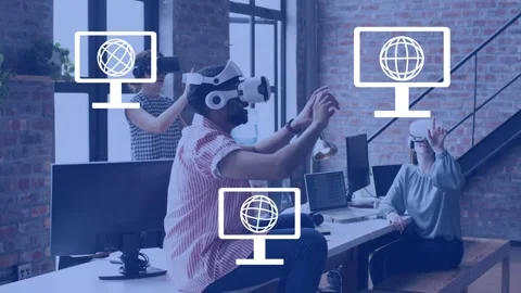 Team putting on headsets in office loft, animating UI icons over screens and Stockbeeldmateriaal 335281704