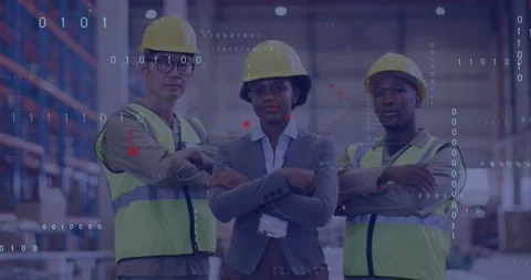 Team raising hands mirroring each other starting code overlays illustrating Stock Footage 317260647