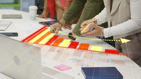 Team reaching, laying red scale overlay, placing sticky notes following animated Vídeo Stock 335466199