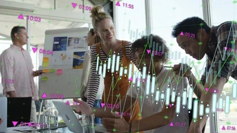 Team reacting to candlestick data overlay, pointing and tapping laptop, refining Stock Footage 334703672