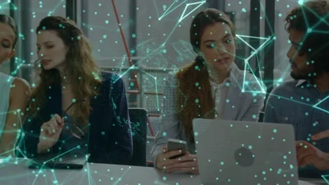 Team reading docs while woman opening laptop, man arriving pointing, working on Stock Footage 331227651