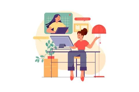 Team remote work from home vector illustration. Working online from any workp Illustrazione stock