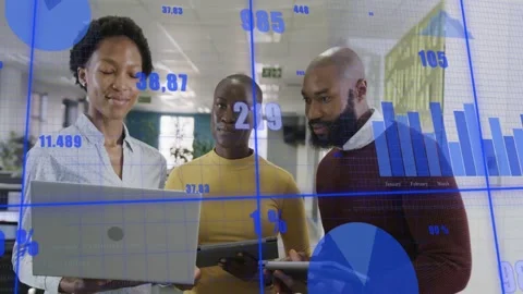 Team reviewing business data, overlay appearing over devices and animating Stock Footage 333609723