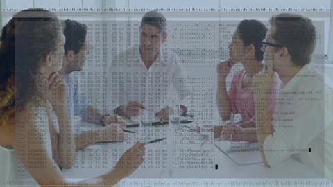 Team reviewing business data at white table, lead initiating talk causing code Stock Footage 329899561