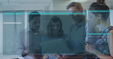 Team reviewing code on devices in office, showing animated encryption and tech Stock Footage 307440047
