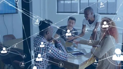 Team reviewing documents and pointing in business meeting, network nodes Stock Footage 333154245