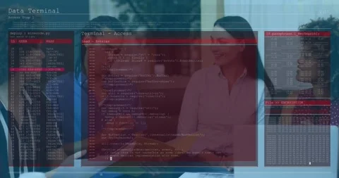 Team reviewing files, yellow folder by laptop in business meeting, terminal GUI Stock Footage 329812947