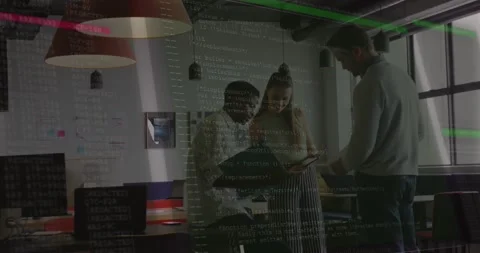Team reviewing folder while scrolling tablet and pointing, causing tech code Stock Footage 320128061