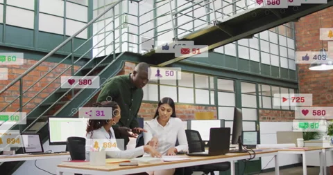 Team reviewing reports while man tapping phone triggers metrics swirling for Stock Footage 311524617