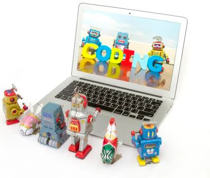 A team of robot toys learn coding Stock Photos