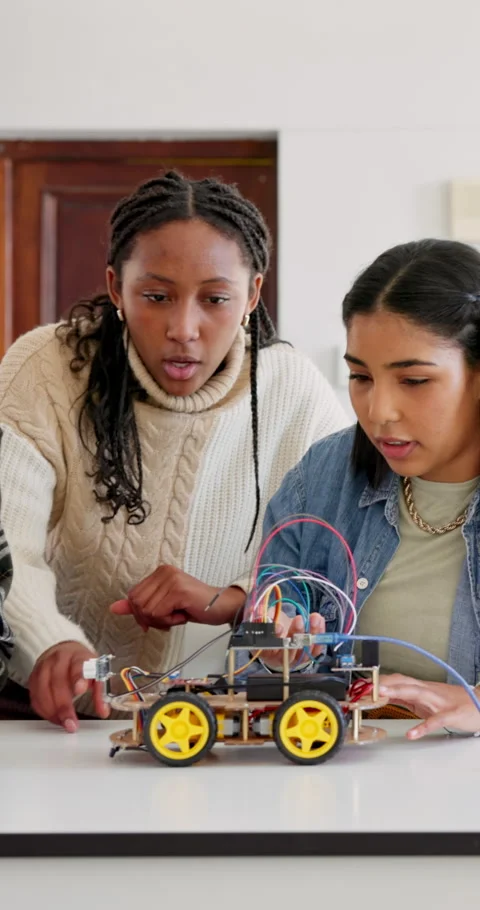 Team, robotics and classroom in school for students, discussion or future Stock Footage 334039951