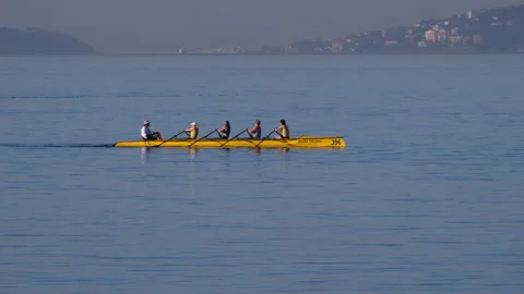 Team of rowers training together on the sea during a backlit golden hour sunset Stock Footage 344685076