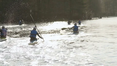 Team of rowing people sailing in sunset Video stock 74467320