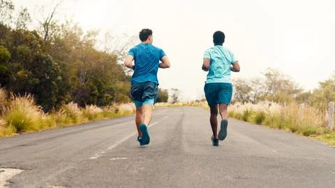 Team, runner and back with men in nature for workout, performance and cardio Stock Photos
