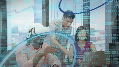 Team running tech demo at laptop, woman typing initiating binary HUD while VR Stock Footage 333145572
