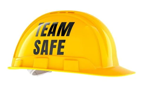 Team Safe hard hat, yellow construction helmet with black text. 3D rendering Stock Illustration