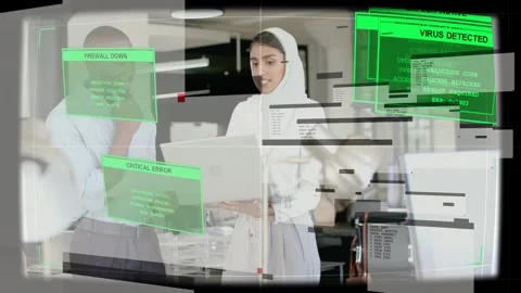 Team scanning laptop and docs, green alerts showing FIREWALL DOWN, escalating, Stock Footage 332732421