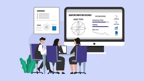 Team of scientists analyzing data on a quantum computing screen cartoon ani.. Stock Footage 337944962