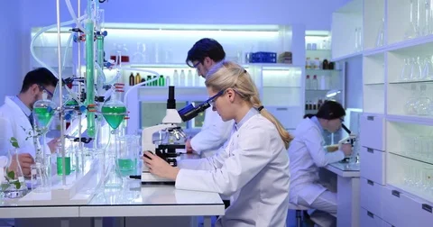 Team of Scientists Chemists Talking in Science Laboratory Working with Glassware Stock Footage 81491738