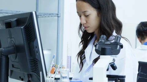 Team Scientists working in a laboratory together. 4K Resolution. Stock Footage 92447733