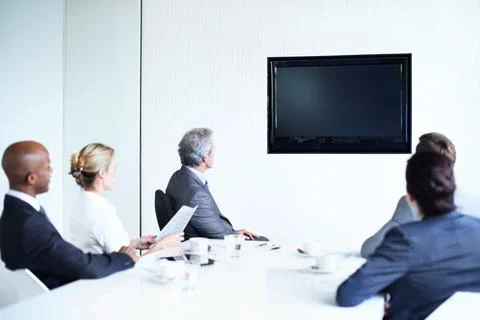 Team, screen or mockup for video conference in business meeting, virtual and Stock Photos