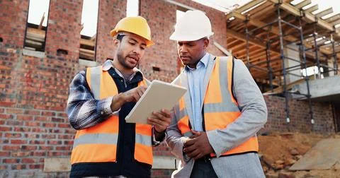 Team, scroll and men with tablet at construction site, civil engineer and Stock Photos