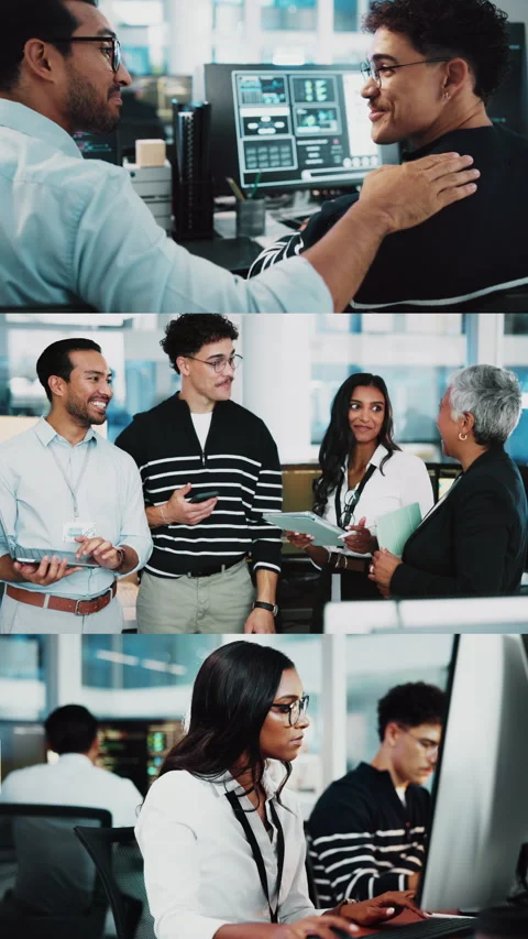Team, series and group with tech in business, smile and celebration for software Stock Footage 333230083
