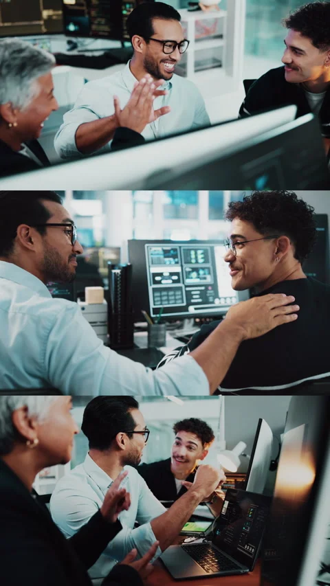 Team, series and smile with tech in office, high five or celebration for Stock Footage 333230098
