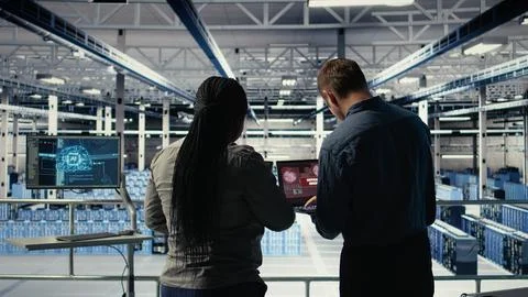 Team of server room technicians alerted by warning message on laptop Stock Photos