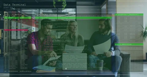 Team sharing papers on sofa while Data Terminal overlay appearing scrolling logs Video stock 315548522