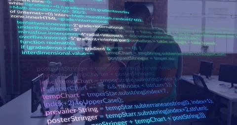 Team sharing phone and tablet in tech office causing live code overlay filling Stock Footage 320650829