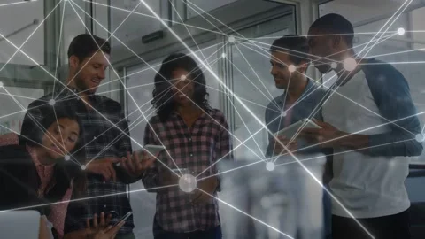 Team sharing tablets after lead woman tapping phone network nodes linking Stock Footage 333478142