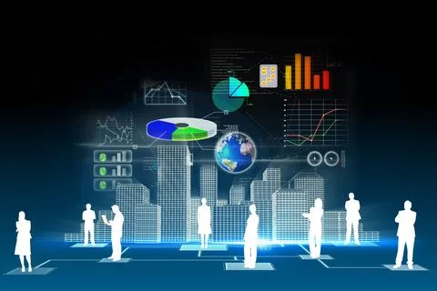 Team silhouettes are analyzing floating holographic city model with charts in 3D 스톡 일러스트