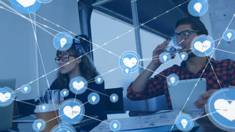 Team sitting around glass table tablet tapping sending network overlay showing Stock Footage 333574976