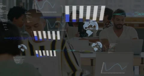 Team sitting at desks in office, data starting, charts growing, obscuring faces, Stock Footage 331380324