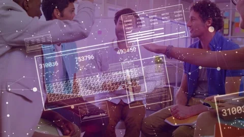 Team sitting in office, tablet sparking business action, hands stacking, panels Stock Footage 333704218