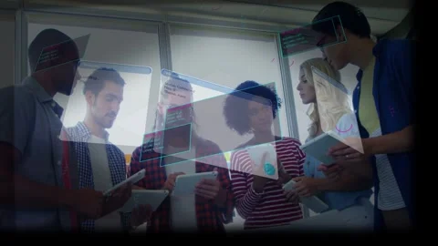 Team of six consulting tablets by window, tapping activating AR UI panels Stock Footage 332523569