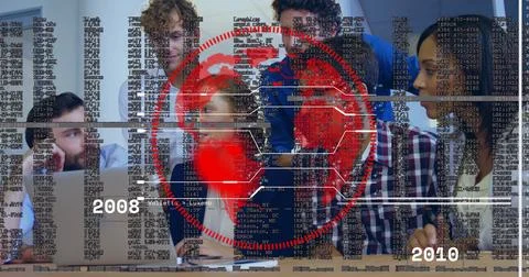 Team of six experts collaborating around table with laptops in office, with red Foto stock