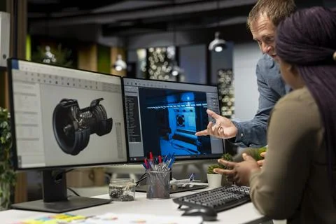 Team of skilled engineers creating Mars based virtual station Stock Photos