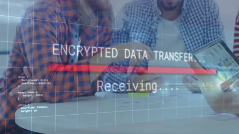 Team sliding smartphone initiating encrypted data transfer bar filling and Stock Footage 314408769